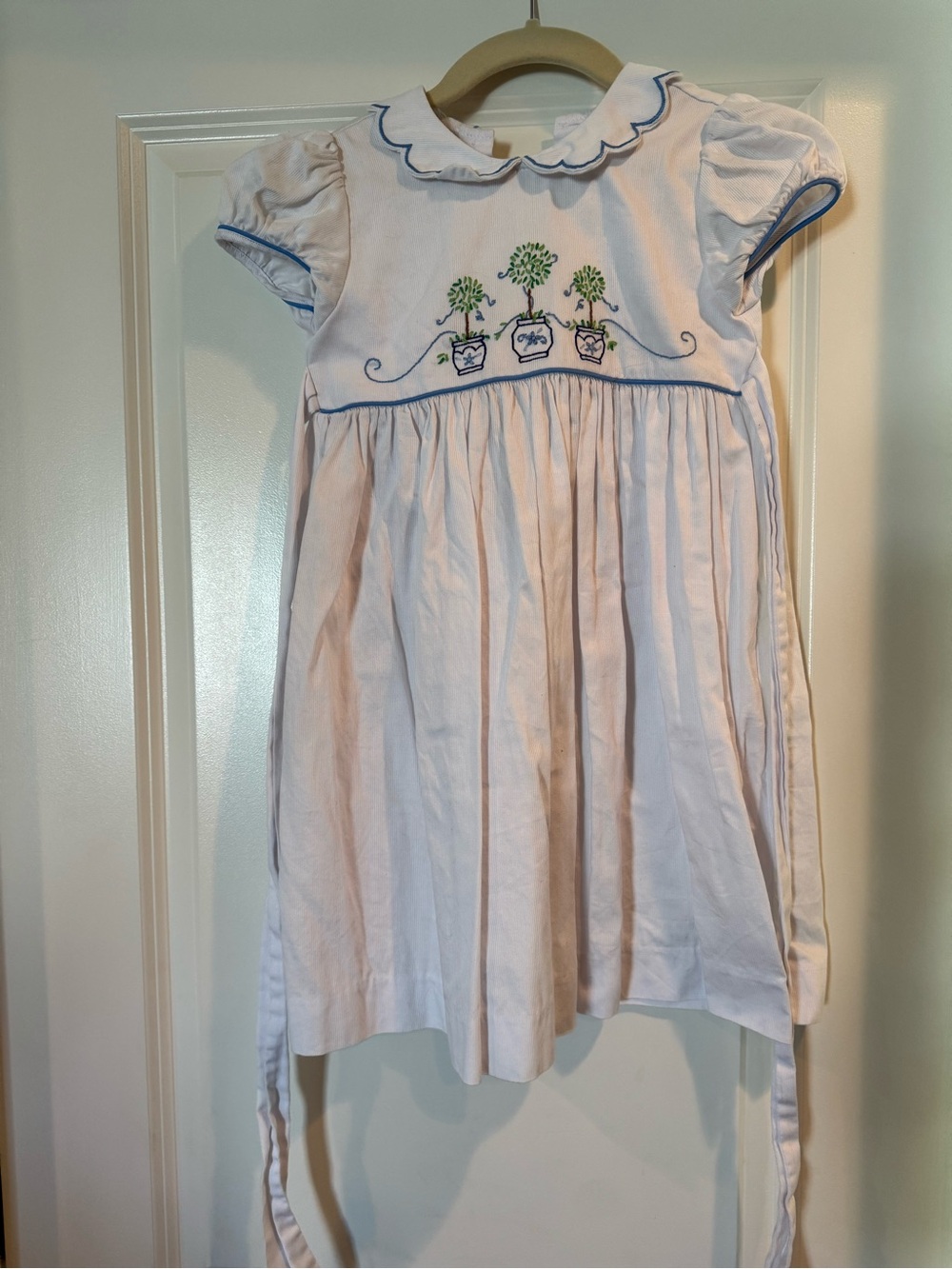 Little English White Dress with Green Embroidered Plants and Blue Trim